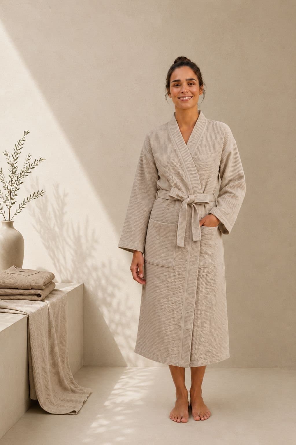 Peignoir Brise Nid d’abeille Unisexe — Beige