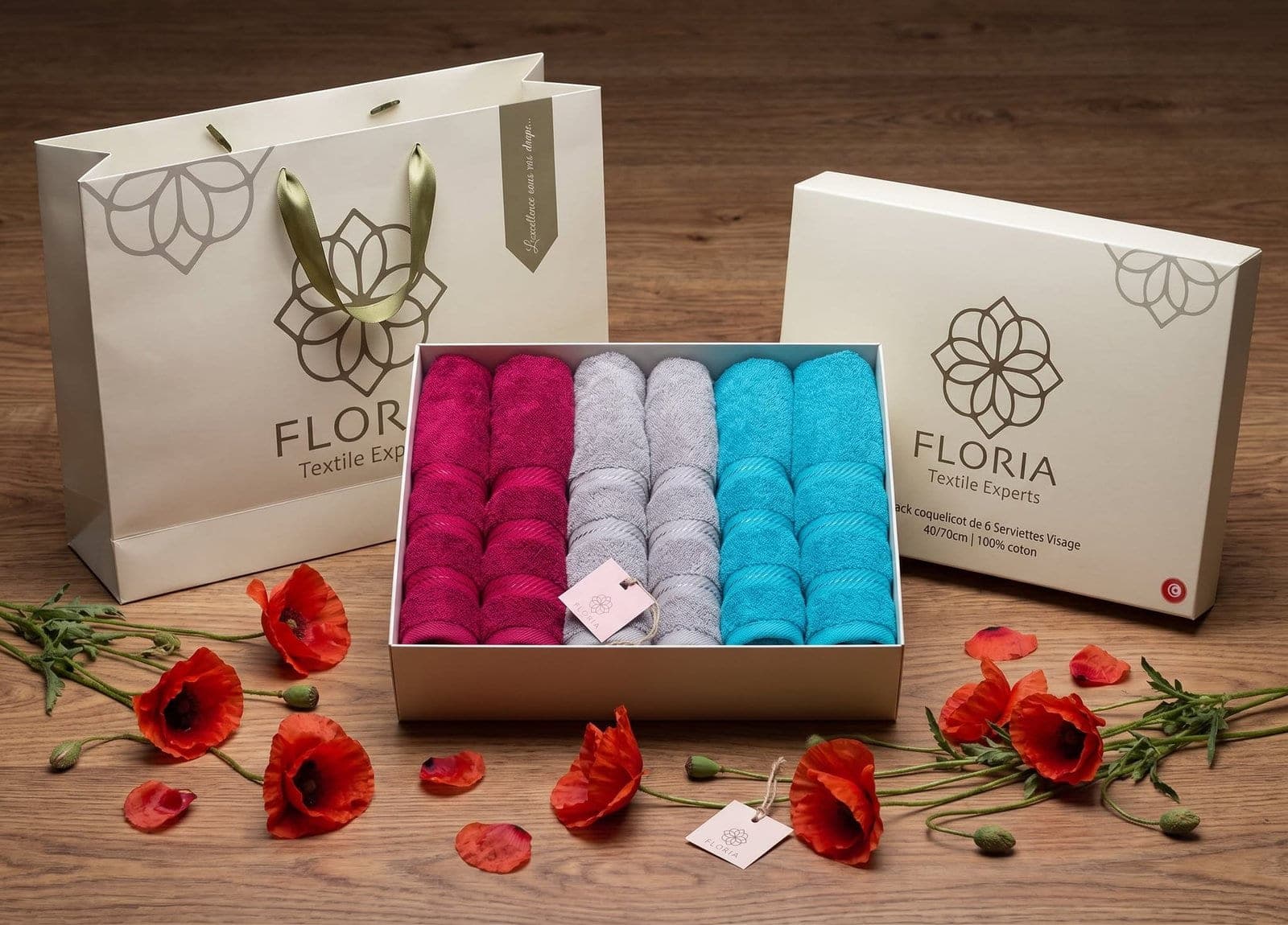 Set de 6 serviettes visage Coquelicot — 40 × 70 cm