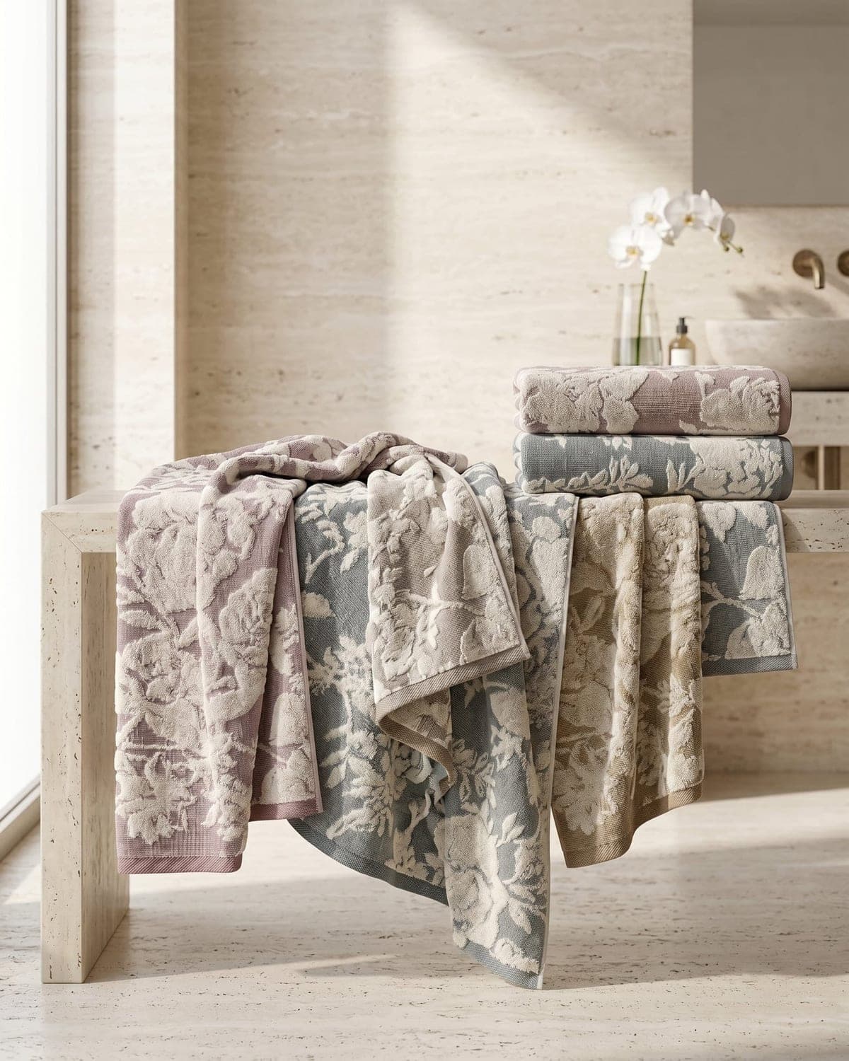 Draps de bain en coton jacquard, posés sur une banquette